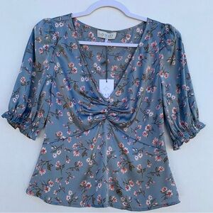 WAYF Puff Sleeve Dusty Blue Floral Blouse Women’s Size Small